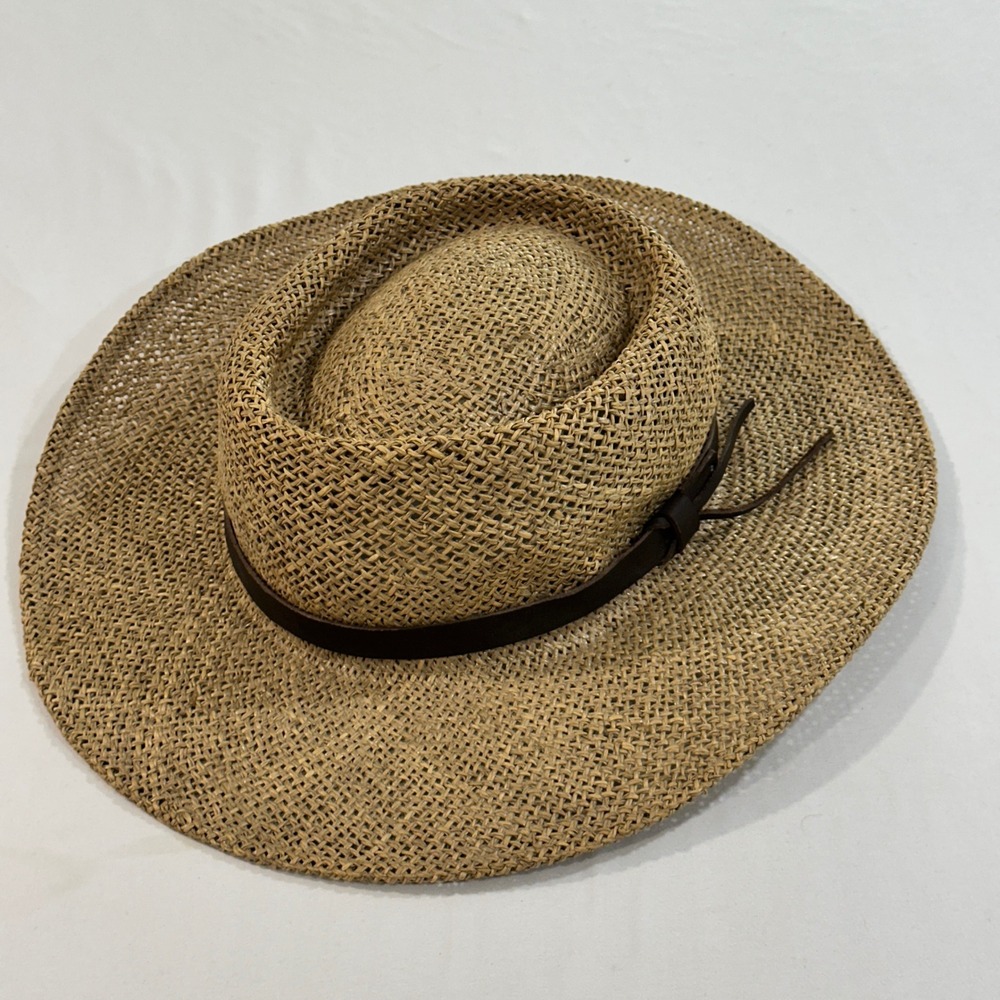 Stetson Straw Sun Hat Women Tan Wide Brim Boater Fedora Leather Band Summer